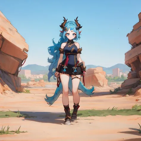 (1girl:1.5), solo, heyra_face, heyra_body, heyra_hairstyle, heyra_horns on forehead, heyra_tail, blue hair, outdoors, standing, <lora:heyrav3-000001:1>