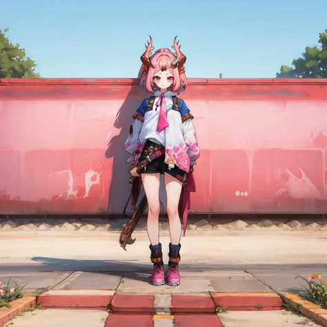 (1girl:1.5), solo, heyra_face, heyra_body, heyra_hairstyle, heyra_horns on forehead, heyra_tail, pink hair, outdoors, standing, <lora:heyrav3-000001:1>