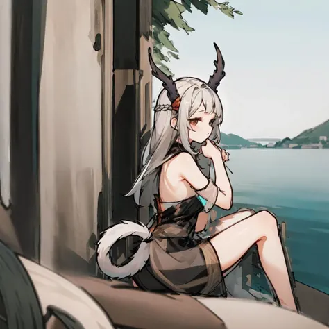 heyra_head, heyra_horns, heyra_body, heyra_hairstyle, heyra_tail, 1girl, solo, sitting, outdoors, <lora:heyrav4.5:1>
