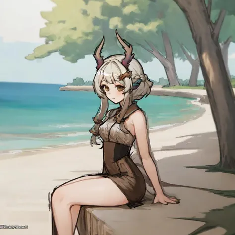 Demon woman with gray skin naked in the beach showing the soles of her feet in front
