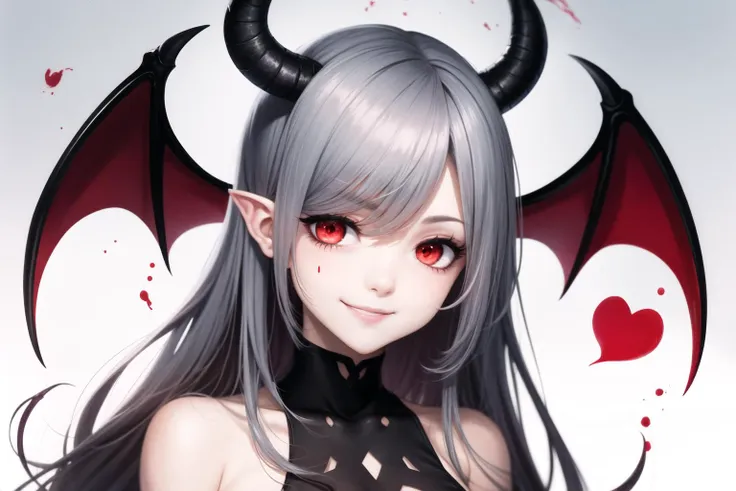 (masterpiece:1), (best quality:1),1girl, demon girl, wings, (horror, blood:1.15), smile, red eyes, white hair, vampire, face