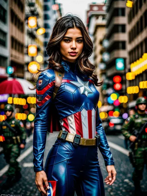 photo of (supermodel), 1girl, perfect hair, award-winning photo, sfw, (Agent 13: Agent 13's costume is a modern and practical ensemble, often in S,H,I,E,L,D, colors, The sleek design reflects her role as a covert operative and her connection to the world of espionage, As an agent and occasional ally of Captain America, her costume balances functionality with a hint of military-inspired style, emphasizing her skills in combat and intelligence.), in (A bustling, vibrant Rio de Janeiro street during Carnival, Cape Flutter: Standing with the wind catching the superhero cape, creating a dramatic effect.), 70mm, f/8, ((auto focus, color, DOF, Aperture, 8k uhd, dslr, cinematic lighting, insanely detailed and intricate, character, hypermaximalist), whole body, appealing, attractive, amative, perfect skin, (detailed background), hyper realistic, super detailed, heresy flares), (DOF, blurry background, bokeh) Lens Flare, Heresy Flare, epiCPhoto, <lora:add_detail:0.55>,  <lora:LCM_LoRA_Weights_SD15:1>