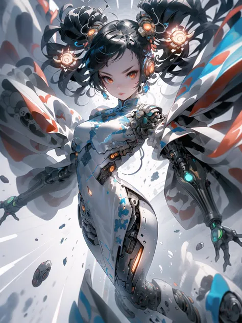 (masterpiece, top quality, best quality, official art), extreme detailed, colorful, highest detailed, highly intricate details, realistic light, shadows, 1 girl, cyberhanfu, red chinese_clothes, cheongsam, <lora:cyberhanfu_20230617014620:0.8>, cyberpunk, mechanical parts, a high-tech city, full of machinery and futuristic element, futurism, technology, action pose, dynamic view