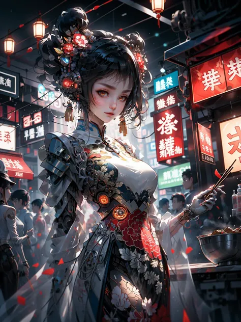 (masterpiece, top quality, best quality, official art), extreme detailed, colorful, highest detailed, highly intricate details, realistic light, shadows, 1 girl, cyberhanfu, red chinese_clothes, cheongsam, <lora:cyberhanfu_20230617014620:0.8>, cyberpunk, mechanical parts, a high-tech city, full of machinery and futuristic element, futurism, technology, night, night market, food stand, rain, holding chopsticks, holding a bowl,