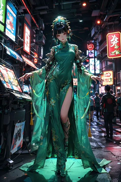 (masterpiece, best quality, high quality, highres, ultra-detailed), 1 girl, chinese_clothes,cyberhanfu, lotus Embroidery,Abacus , green clothes, cyberpunk city, dynamic pose, Headdress, hair ornament, long hair, cyberpunk, neon lights, full of machinery and futuristic element, futurism, technology,
<lora:cyberhanfu_20230617014620:0.7>,full body,