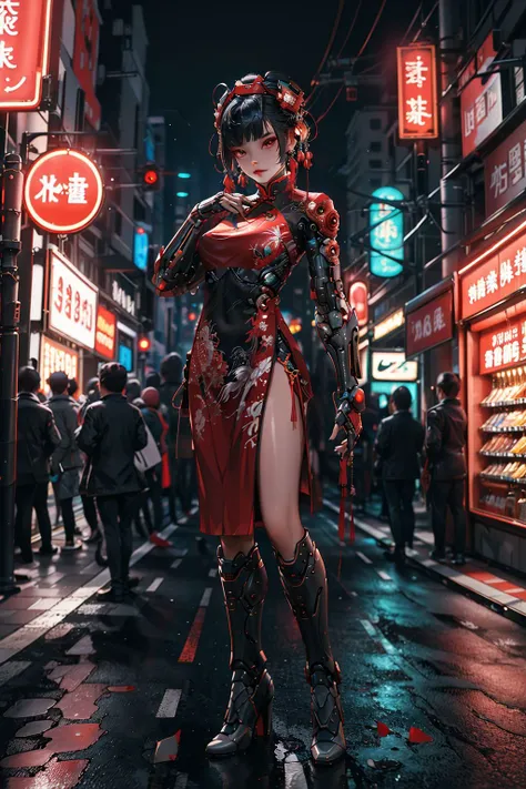 (masterpiece, best quality, high quality, highres, ultra-detailed), 1 girl, chinese_clothes,cyberhanfu, red clothes, cyberpunk city, dynamic pose, Headdress, hair ornament, long hair, cyberpunk, neon lights, full of machinery and futuristic element, futurism, technology,
<lora:cyberhanfu_20230617014620:0.7>,full body,