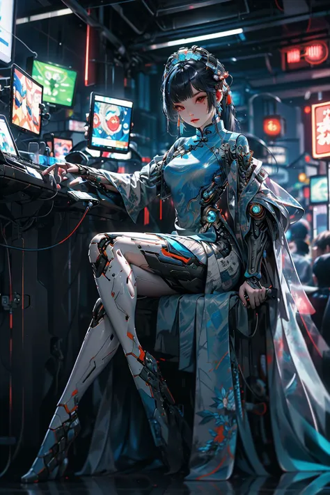 (masterpiece, best quality, high quality, highres, ultra-detailed), 1 girl, chinese_clothes, sitting,cyberhanfu, Cheongsam, cyberpunk city, dynamic pose, Headdress, hair ornament, long hair, cyberpunk, neon lights, full of machinery and futuristic element, futurism, technology,
<lora:cyberhanfu_20230617014620:0.7>,full body