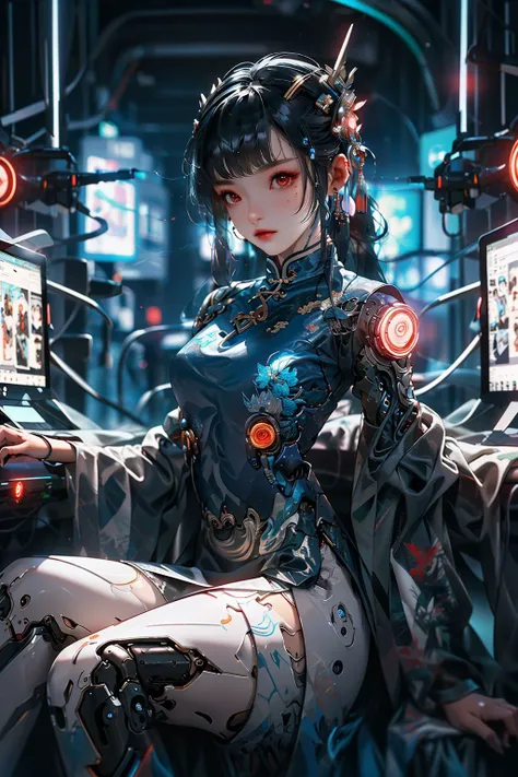 (masterpiece, best quality, high quality, highres, ultra-detailed), 1 girl, chinese_clothes, sitting,cyberhanfu, Cheongsam, cyberpunk city, dynamic pose, Headdress, hair ornament, long hair, cyberpunk, neon lights, full of machinery and futuristic element, futurism, technology,
<lora:cyberhanfu_20230617014620:0.7>,cowboy shot,