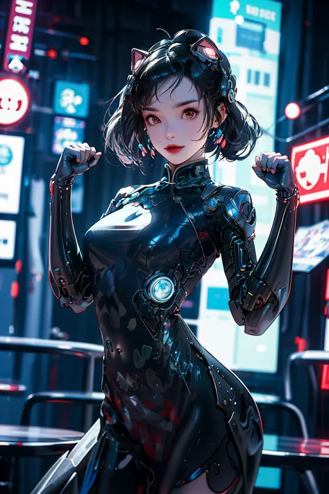 1 girl, solo, smile, cyberhanfu, cheongsam, chinese_clothes, catwoman, cat ears, skintight bodysuit, pantyhose, pixie cut hairstyle, (paw pose), looking at viewer, gotham city, las vegas, bladerunner, iron maiden somewhere in time album cover, cyberpunk city, Headdress, hair ornament, long hair, cyberpunk, a high-tech city, full of machinery and futuristic element, futurism, technology
<lora:cyberhanfu_v1:0.8>