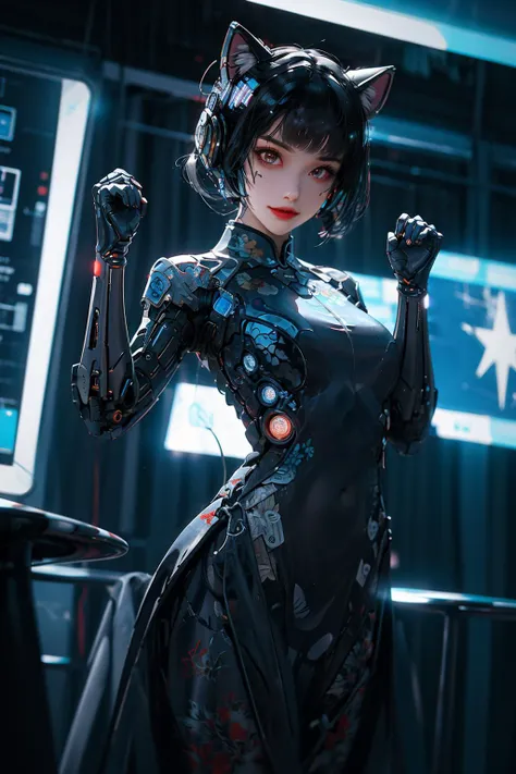 1 girl, solo, smile, cyberhanfu, cheongsam, chinese_clothes, catwoman, cat ears, skintight bodysuit, in blue, pantyhose, pixie cut hairstyle, ((paw pose)), looking at viewer, gotham city, las vegas, bladerunner, iron maiden somewhere in time album cover, cyberpunk city, Headdress, hair ornament, long hair, cyberpunk, a high-tech city, full of machinery and futuristic element, futurism, technology
<lora:cyberhanfu_v1:0.8>