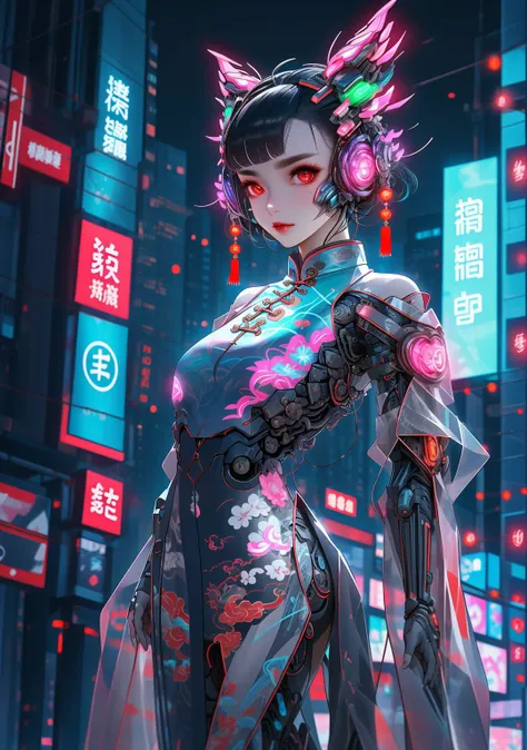 <lora:cyberhanfu_v1:0.8>,cyberhanfu,cheongsam,chinese clothes,neon,1 girl,chinese clothes,in white and pink,cyberpunk city,dynamic pose,headdress,hair ornament,cyberpunk,a high-tech city,full of machinery and futuristic element,futurism,technology,outdoors,standing,short hair,portrait,