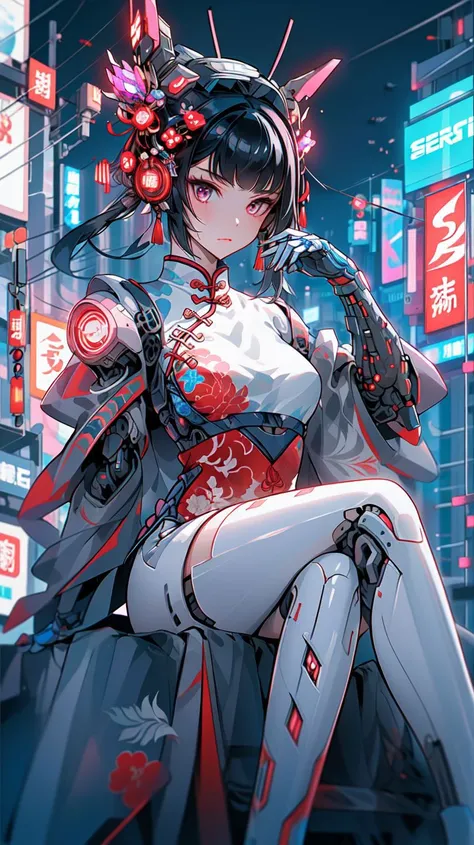 <lora:cyberhanfu_v1:0.8>,cyberhanfu,cheongsam,chinese clothes,neon,1 girl,chinese clothes,sitting,in white and pink,cyberpunk city,dynamic pose,headdress,hair ornament,long hair,cyberpunk,a high-tech city,full of machinery and futuristic element,futurism,technology,outdoors,