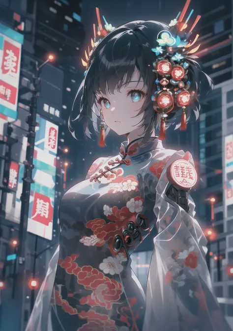 <lora:cyberhanfu_v1:0.8>,cyberhanfu,cheongsam,chinese clothes,neon,1 girl,chinese clothes,in white and pink,cyberpunk city,dynamic pose,headdress,hair ornament,cyberpunk,a high-tech city,full of machinery and futuristic element,futurism,technology,outdoors,standing,short hair,portrait,