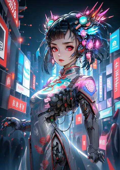 <lora:cyberhanfu_v1:0.8>,cyberhanfu,cheongsam,chinese clothes,neon,1 girl,chinese clothes,in white and pink,cyberpunk city,dynamic pose,headdress,hair ornament,cyberpunk,a high-tech city,full of machinery and futuristic element,futurism,technology,outdoors,standing,short hair,portrait,