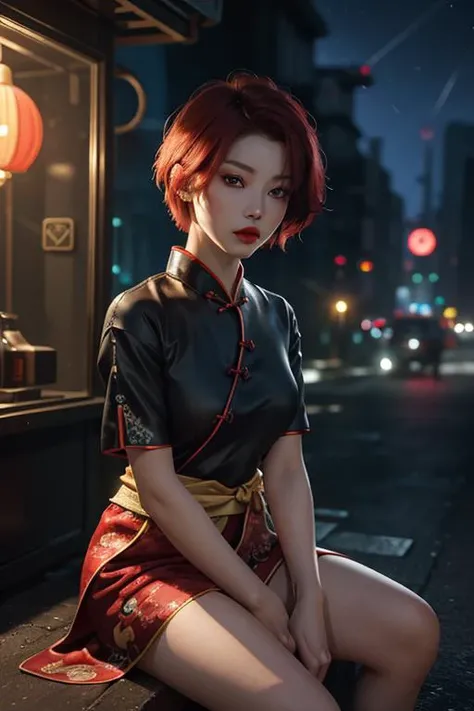 ultra detailed, beautiful studio soft light, rim light, vibrant details, luxurious cyberpunk, Complex background, octane render, 8k, best quality, masterpiece, illustration, an extremely delicate and beautiful, extremely detailed , CG , wallpaper, (realistic, photo-realistic:1.37), Amazing, finely detail, masterpiece, best quality, official art, (night:1.5), dark theme, dynamic angle, dynamic pose, cowboy shot, 1girl, solo,detailed face, detailed eyes, looking at viewer, rouge \(makeup\), full lips, red lips, red eyes, (short hair:1.3), full body, ((sitting)), (cyberhanfu:1.2), cheongsam, futobot, cyborg, Chinatown, street, empty, Cyberpunk, paper lantern, neon light