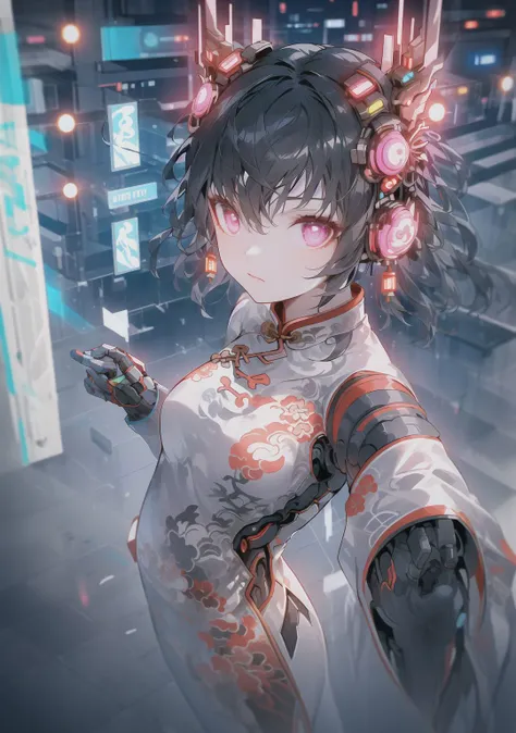 <lora:cyberhanfu_v1:0.8>,cyberhanfu,cheongsam,chinese clothes,neon,1 girl,chinese clothes,in white and pink,cyberpunk city,dynamic pose,headdress,hair ornament,cyberpunk,a high-tech city,full of machinery and futuristic element,futurism,technology,outdoors,standing,short hair,portrait,