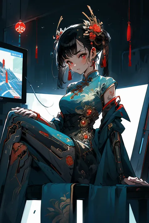 1 girl, solo, cowboy shot,sitting, cyberhanfu, cheongsam, chinese_clothes, Headdress, hair ornament, long hair, cyberpunk, a high-tech city, full of machinery and futuristic element, futurism, technology
<lora:cyberhanfu_v1:0.7> <lora:methurlant:1>