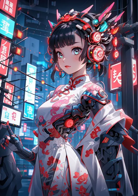 <lora:cyberhanfu_v1:0.8>,cyberhanfu,cheongsam,chinese clothes,neon,1 girl,chinese clothes,in white and pink,cyberpunk city,dynamic pose,headdress,hair ornament,cyberpunk,a high-tech city,full of machinery and futuristic element,futurism,technology,outdoors,standing,short hair,portrait,