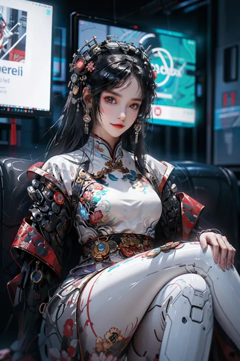 Best quality, masterpiece, ultra high res, raw photo, beautiful and aesthetic,deep shadow, dark theme,(photorealistic:1.4),
1girl, smile, chinese_clothes, in white and pink,cyberhanfu, Cheongsam, cyberpunk city, dynamic pose, Headdress, hair ornament, long hair, cyberpunk, a high-tech city, full of machinery and futuristic element, futurism, technology