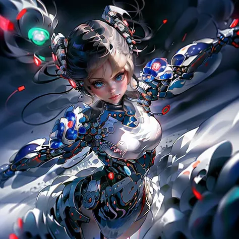 action shot, dynamic poses, dynamic angle, depth of field, wide angle shot, sharp, realistic, analog, futuristic amphitheater, detailed face, crowd in background neon lit rainy streets, b3linda_n0texist <lora:no_bra_v20:0.4> covered_nipples, <lora:cyberhanfu_20230617014620:0.9> cyberhanfu, cheongsam, chinese_clothes