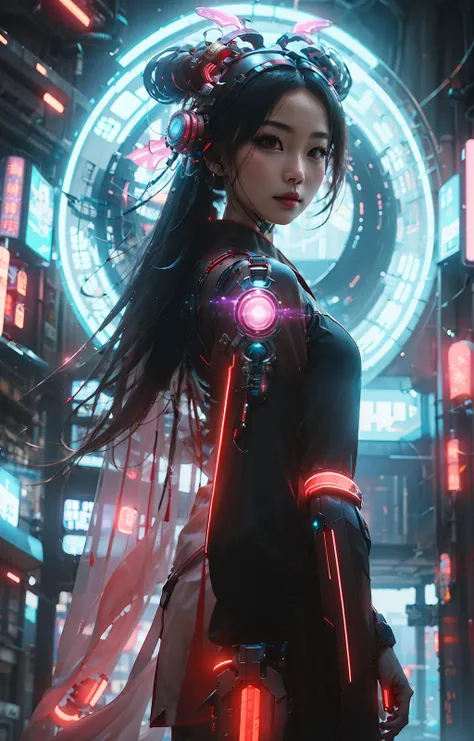 1 girl, solo, cyberhanfu, long sleeves, chinese_clothes, in red and black, cyberpunk city, dynamic pose, Headdress, hair ornament, long hair, cyberpunk, a high-tech city, full of machinery and futuristic element, futurism, technology
<lora:cyberhanfu_20230617014620-000010:0.8> <lora:SBGF:1>