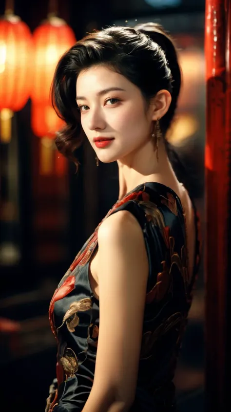 ((shoulder-length straight bob hair)),((very short ponytail)),Extremely meticulous CG),(((8k))),wallpaper,((Extremely refined and beautiful)),(((Masterpiece))),(((best qualtiy))),(((Ultra High Resolution))),beautiful light up，Perfect lightning,realistic shaded，[A high resolution],(Smooth and flawless fair skin:1.5),Extremely exquisite facial details,ultra - detailed,A  girl,solo,small head,small face,clear face,Exquisite makeup,(laughing:1.2),(perfect body:1.1),small breasts,flat chest,slim,thin,(from front:1.2),night scene,dim light,(Chinese classical interior decoration style),(Detailed background),(High-class restaurant),(Kaiseki cuisine on the table),(The Landscape of the Forbidden City in the nighttime seen outside the window),Single cedar table,lunchtime,((The table is full filled with many Chinese cuisines and wine utensils)),BREAK,collar,elaborate costume{Luxury hafu(Colorful hanfu(detailed embroidery,))}