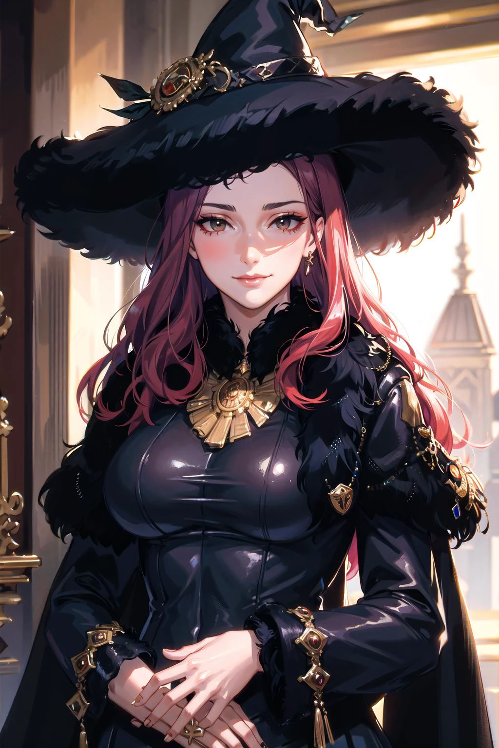 (highly detailed:1.3),
1girl, solo, (smirk:1.1),
<lora:lemonadealpha-lo-richy-v1:0.7>, lemalphadef, mature female, <lora:edgGalliano:1>, edgJG fashion, wearing edgJG_style clothing, (black fur coat:1.2), (fur trim:1.1), (witch hat:1.1),
Ultra-detail, (highres:1.1), best quality, (masterpiece:1.3), cinematic lighting,
