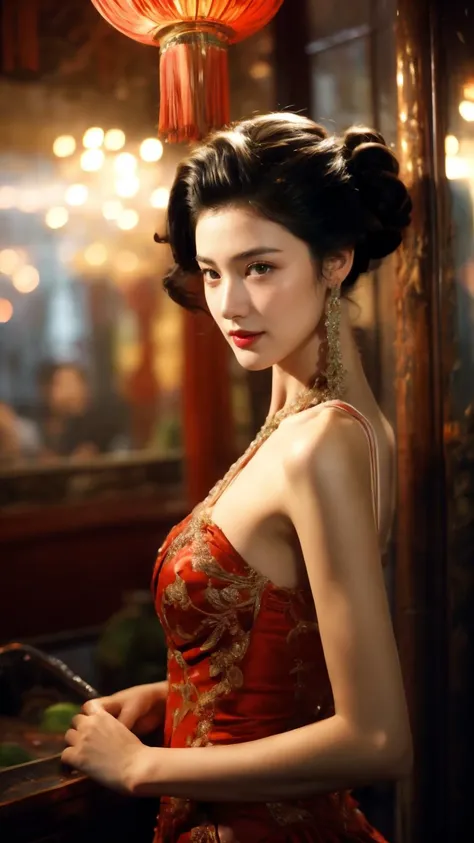(Realistic),masterpiece,best quality,cinematic lighting,natural shadow,highest detail,looking at viewer,Extreme Close-Up,
edgJG fashion,1girl,photo of a cute girl,light smile,charming,20yo,Top knot Hair.Newly washed hair,Bright Orange Corset-style wedding dress,wearing edgJG_style clothing,Tassel,Inlay,Mesh,dynamic pose,
<lora:edgGalliano:0.8>,
<lora:add_detail:1>,
<lora:wongkarwai_20231005031139:1>,