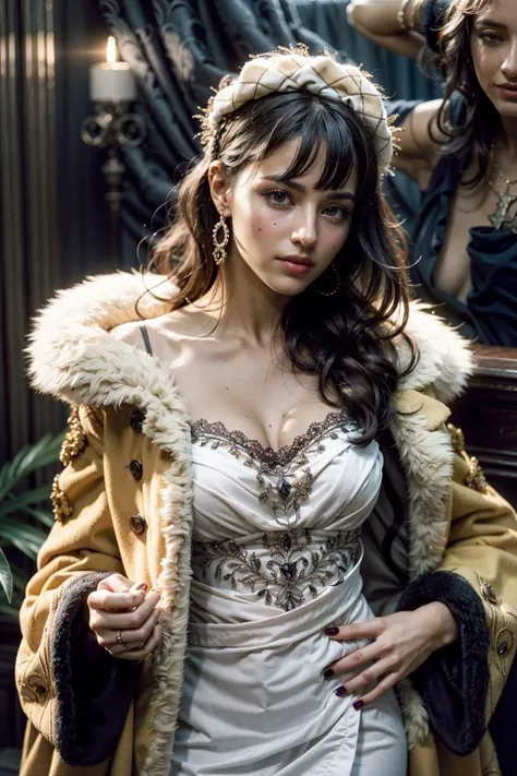 (realistic:1.3), finely detailed, quality, rembrandt lighting, (masterpiece:1.2), (photorealistic:1.2), (best quality), (detailed skin:1.3), (intricate details), dramatic, ray tracing, 1girl, french girl, 21 years old, detailed skin texture, (blush:0.5), (goosebumps:0.5), subsurface scattering, smiling, medium breasts, edgJG fashion, long dress, fur trim, wearing edgJG_style clothing, (bright sunny day), <lora:edgGalliano:1>