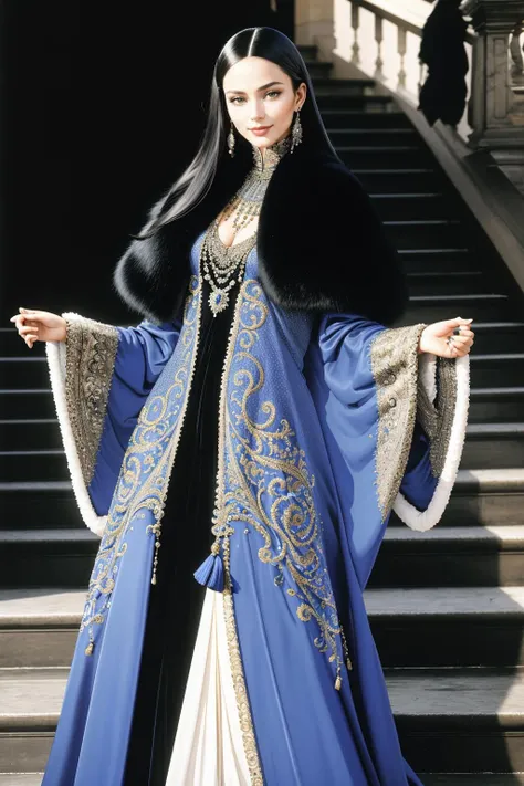 ((Masterpiece, best quality,edgQuality)), seductive smile,watching the viewer,standing,posing for a picture,
edgJG fashion, a woman in a long dress walking down a set of stairs,superb embroidery,fur coat ,wearing edgJG_style clothing
<lora:edgGalliano:1>