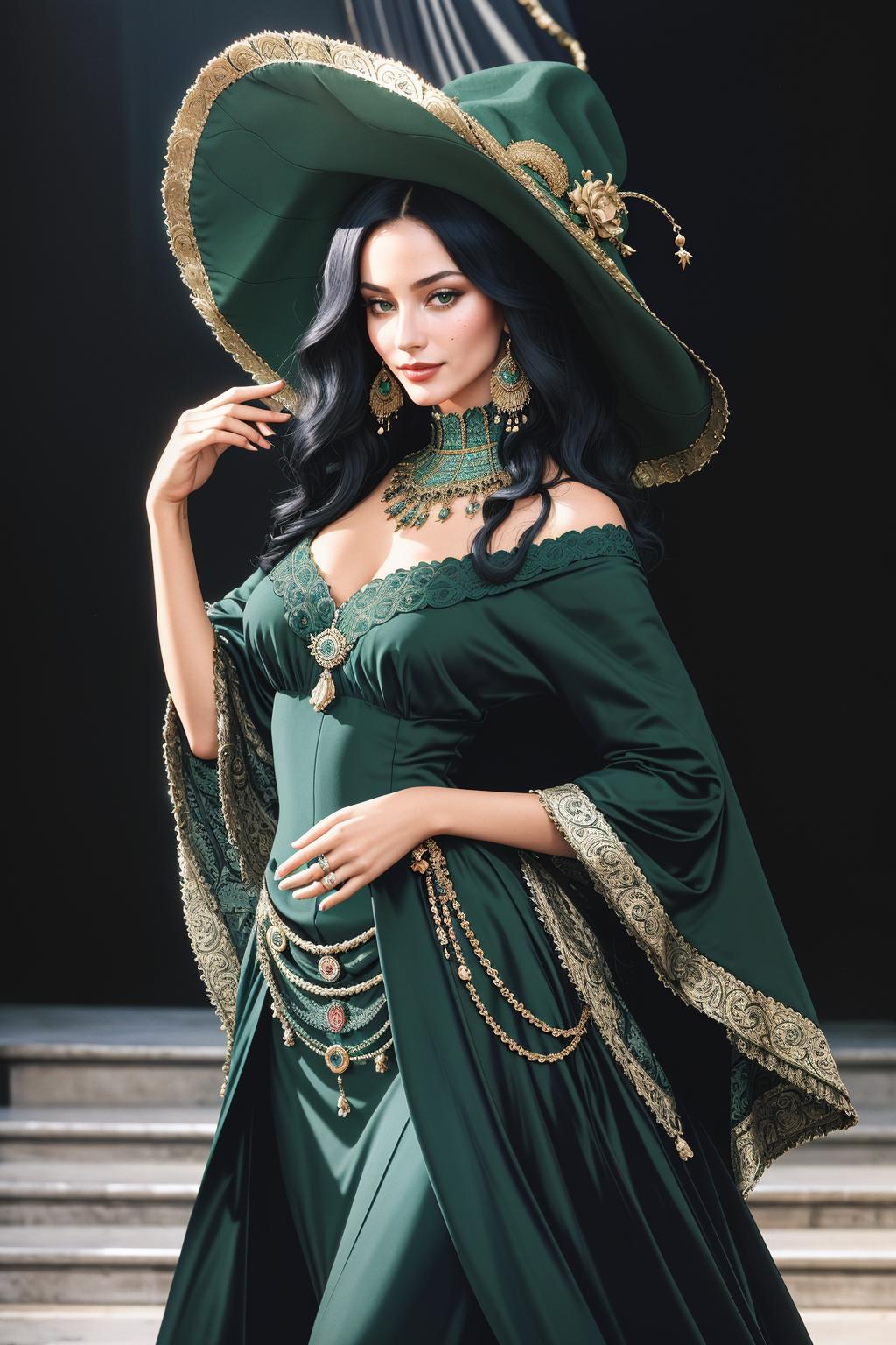 A woman in a green dress and hat posing for a picture - SeaArt AI