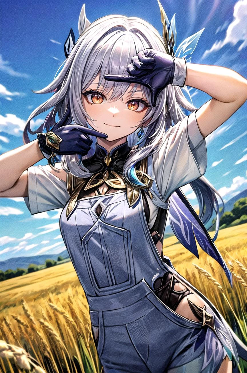 (masterpiece, best quality, detailed), 1girl, solo, looking at viewer, skirk \(genshin impact\), butterfly hair ornament,
overalls, short sleeves, white gloves, green shirt, outdoors, wheat, wheat field, sky, cloud, mountainous horizon, dutch angle, <lora:finger_frame_final:1>, finger frame, smile, closed mouth, smug
