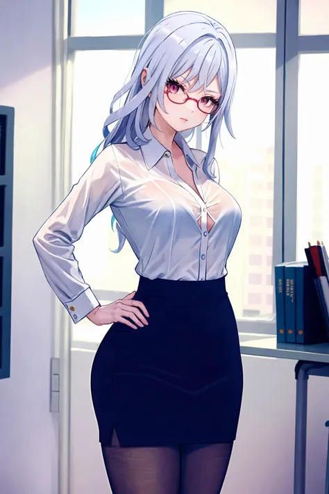 1girl, skirk \(genshin impact\), solo, office lady, white collared shirt, pencil skirt, pantyhose, glasses, glaring, looking at viewer, hand on hip, office, indoors, depth of field, masterpiece