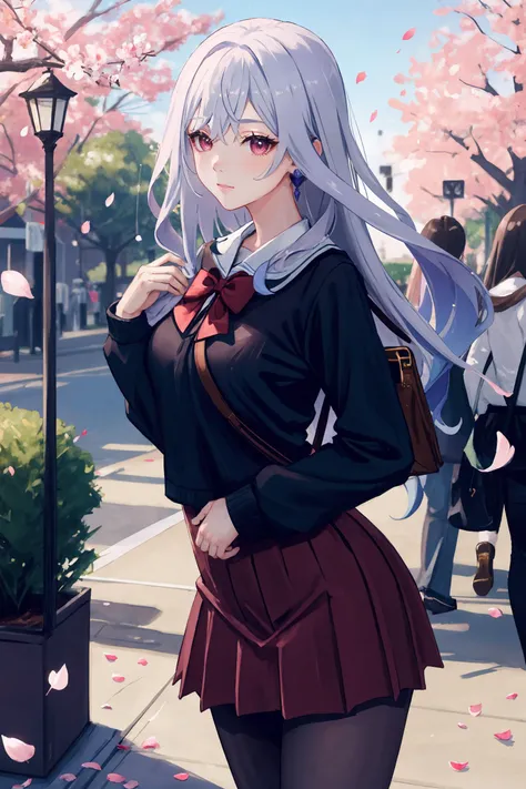 1girl, skirk \(genshin impact\), solo, school uniform, white shirt, sweater, pleated skirt, pantyhose, light smile, looking at viewer, outdoors, street, cherry blossoms, petals, depth of field, masterpiece
