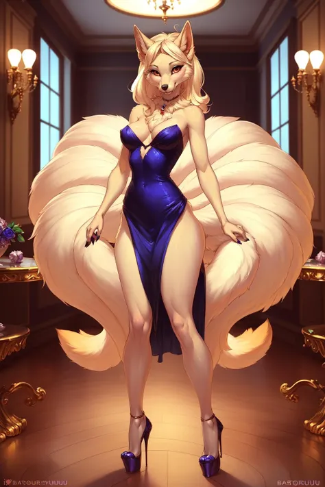 uploaded on e621, explicit content, 3d:0.4 , (bastika, cutesexyrobutts, hioshiru), female, solo, (anthro, furry), ninetales, ballroom setting, (elegant ball dress, high heels), clothed, clothing, front view
<lora:Ninetales:0.8>