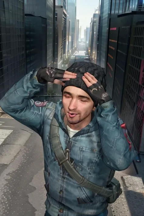 masterpiece, best quality, Male07, beanie, fingerless gloves, jacket, uniform, from above, ahetobleh, hands on own head, tongue out, city<lora:Male07:0.8> <lora:ahetobleh-nvwls-v1-final:0.7>