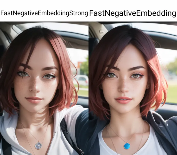 RAW photo, a 22-year-old-girl, upper body, selfie in a car, blue hoodie, (raecmbr-2650:0.9), (r4ec4mbr4:0.95), (1girl), (realistic), (photo-realistic:1.5), inside a car, driving, lipstick, freckles, (short hair), multicolor hair, necklace, (RAW photo, 8k uhd, film grain), Sharp Eyeliner, Blush Eyeshadow With Thick Eyelashes, extremely delicate and beautiful, 8k, soft lighting, high quality, highres, sharp focus, extremely detailed, during the day, (sunlight on face), beautiful detailed eyes, extremely detailed eyes and face, masterpiece, cinematic lighting, (high detailed skin:1.2), 8k uhd, dslr, soft lighting, high quality, film grain, Fujifilm XT3