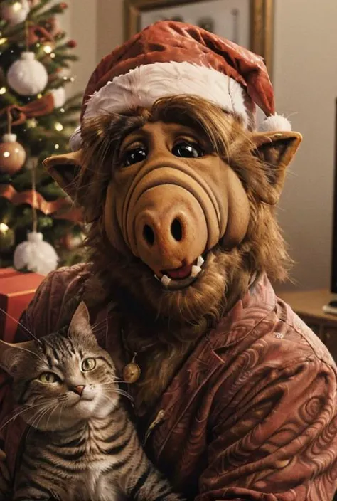 (masterpiece, best quality:1.4, high detail), close-up (mad:1.4) cat gift wrapped in the bottom left corner, 8k, cinematic, dim lighting, (elaborate atmosphere:1.2),  bow