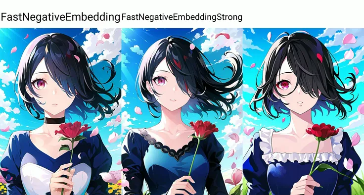 lam \(ramdayo\), 1girl, blue shirt, blue sky, cloud, collarbone, flower, hair over one eye, holding, holding flower, juliet sleeves, long sleeves, looking at viewer, parted lips, petals, puffy sleeves, red eyes, red flower, shirt, sky, solo, swept bangs, upper body, ((masterpiece)) <lora:lam__ramdayo__offset:1>