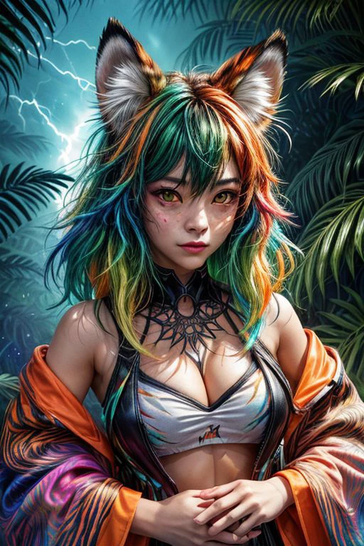 (masterpiece:1.1), (highest quality:1.1), (HDR:1.0), extreme quality, cg, (negative space), detailed face+eyes, 1girl, fox ears, animal ear fluff, (plants:1.18), (fractal art), (bright colors), splashes of color background, colors mashing, paint splatter, complimentary colors, neon, (thunder tiger), compassionate, electric, limited palette, synthwave, fine art, tan skin, upper body, (green and orange:1.2), time stop, sy3, SMM
