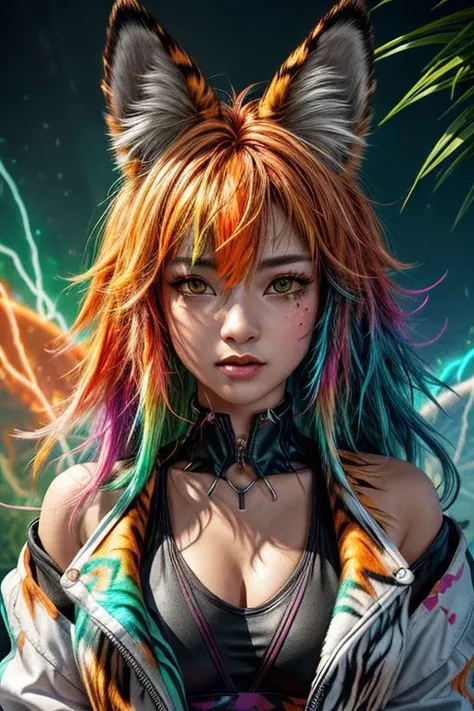 (masterpiece:1.1), (highest quality:1.1), (HDR:1.0), extreme quality, cg, (negative space), detailed face+eyes, 1girl, fox ears, animal ear fluff, (plants:1.18), (fractal art), (bright colors), splashes of color background, colors mashing, paint splatter, complimentary colors, neon, (thunder tiger), compassionate, electric, limited palette, synthwave, fine art, tan skin, upper body, (green and orange:1.2), time stop, sy3, SMM