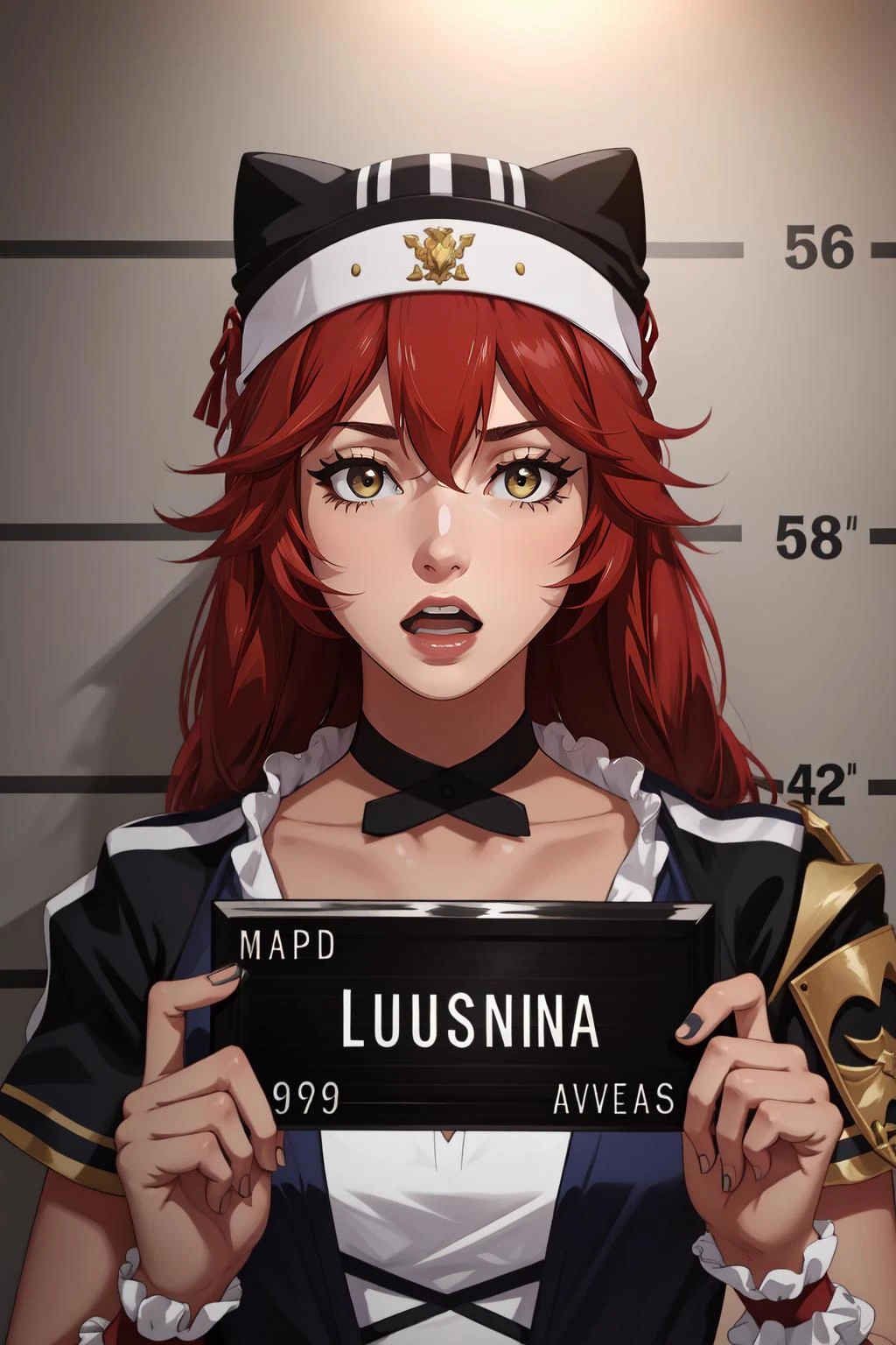 (masterpiece, best quality), intricate details,
1girl, <lora:lupusregina_beta-10:0.8> lupusregina_beta, hat, choker, black skirt,
<lora:CONCEPT_barbie_mugshot_ownwaifu-10:0.8> concept_barbie_mugshot_ownwaifu, holding, barbie_mugshot_(meme),drop_shadow,height_mark, height_chart, nameplate, holding sign, letterboxed, looking at viewer, meme, mugshot, open mouth, solo, upper body, english text,