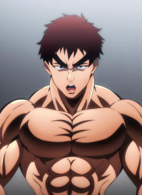 baki style, solo, looking at viewer, short hair, open mouth, brown hair, black hair, 1boy, white background, upper body, male focus, nude, muscular, abs, thick eyebrows, pectorals, muscular male, manly, <lora:bakianimestyle:1>,
