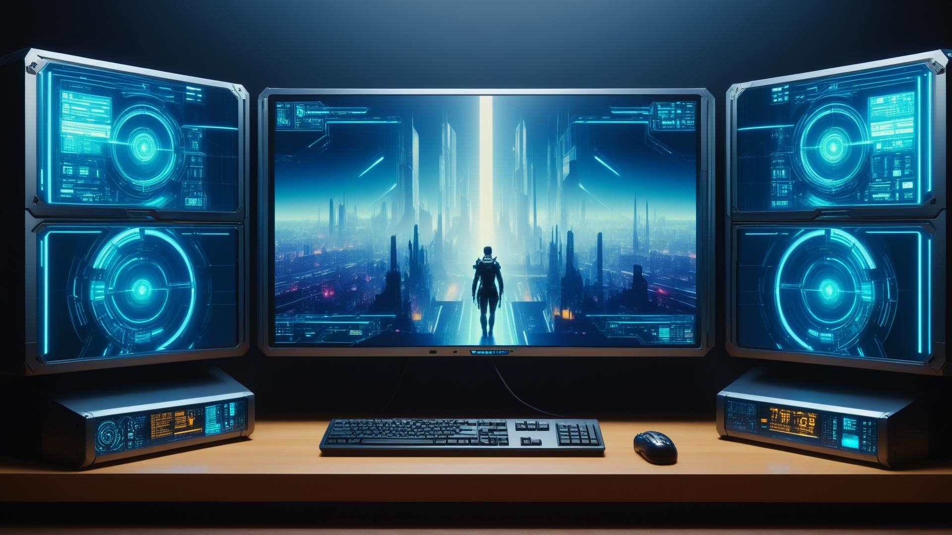 A close up of a computer desk with three monitors and a keyboard ...