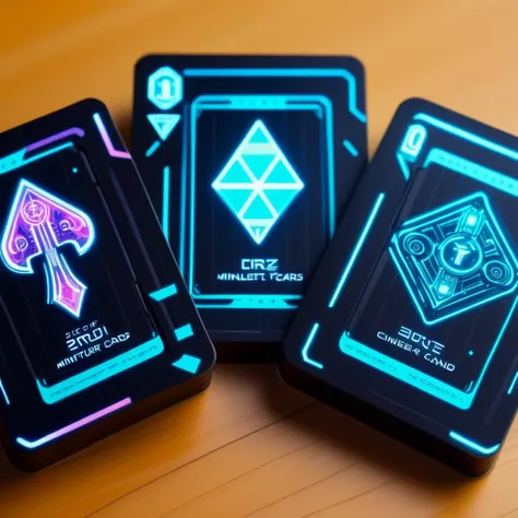 <lora:C7b3rp0nkStyleXL:1.3> C7b3rp0nkStyle Miniature deck of cards, cyberpunk, sci-fi, futuristic, tech