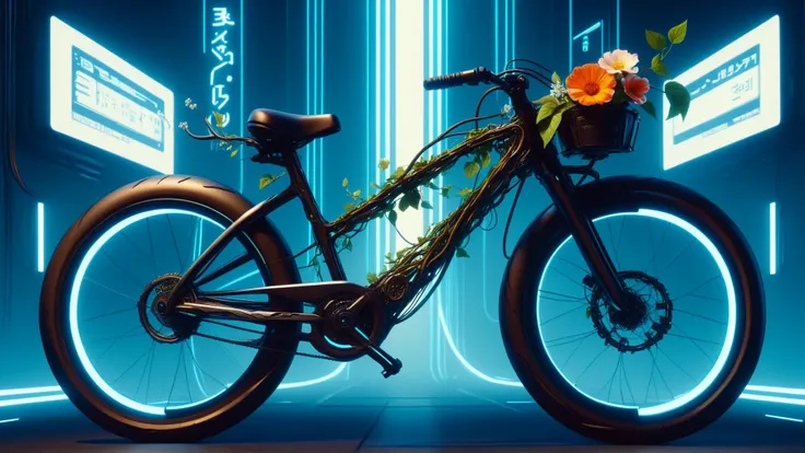 <lora:C7b3rp0nkStyleXL:1.3> C7b3rp0nkStyle a bicycle entwined with vines and flowers, cyberpunk, sci-fi, futuristic, tech