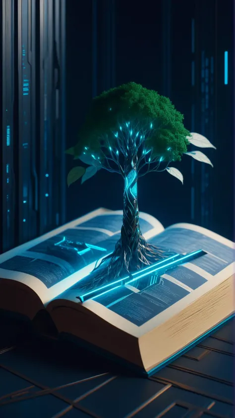 <lora:C7b3rp0nkStyleXL:1.3> C7b3rp0nkStyle a tree growing from an open book, with leaves made of pages, cyberpunk, sci-fi, futuristic, tech