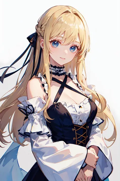ultra detailed, masterpiece, best quality, solo, soft smile, light smile, portrait, 
1girl, blue eyes, very long hair, blonde hair, long blonde hair, french braid, bangs, medium breasts,
hair ribbon, frilled choker, criss-cross halter, sleeveless dress, high-waist skirt, backless dress, waist bow, detached sleeves, frilled sleeves, wide sleeves, <lora:gradient eyes_v1-000010_1_HEBING+gradient eyes_v1-000010_1_HEBING:1>