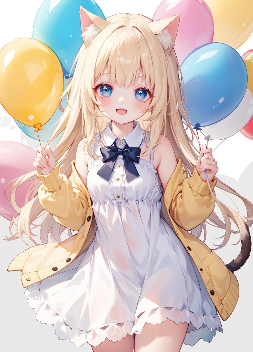 masterpiece,best quality,small breasts,(:1),solo,blue eyes,blonde hair,cat ears,cat tail,long hair,
smile,Open mouth,
short dress,white shirt,bow,Yellow cardigan,
standing,
heart balloon,white background, balloon,
Medium Full Shot,
<lora:Blurry eyes:0.9>