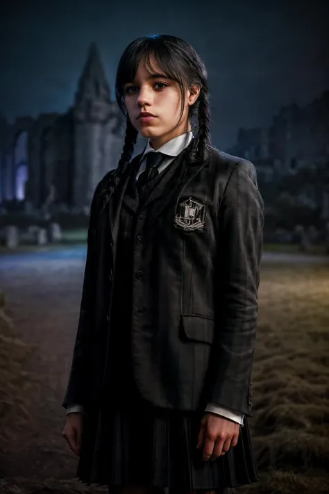 <lora:JennaWednsfinal:1> octane render of wedns, wedns hair,wedns uniform,standing in front of an ancient castle,dark,gloomy,bokeh,masterpiece,soft lighting ,freckles,sharp